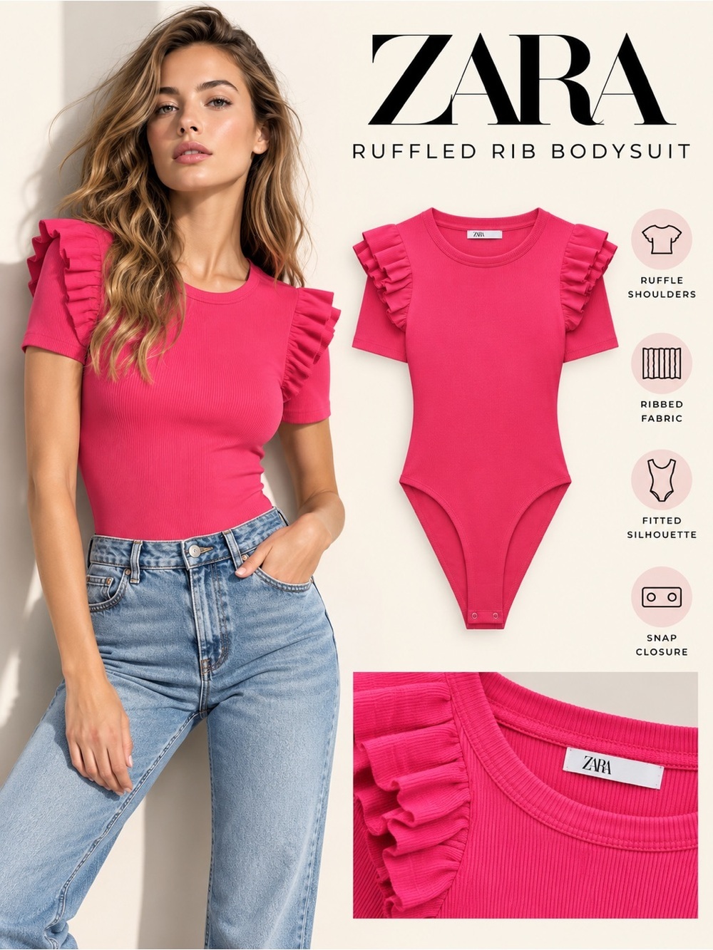 ZARA Fuchsia Ruffled Rib Bodysuit Size S NWT Pink Short Sleeve 3641/302